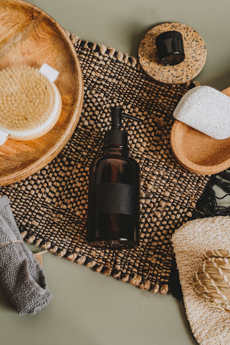 Flay Lay Photo Of Black Bottle